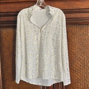 SunSoleil White Long Sleeve Quarter-Zip Top with Metallic Gold Print